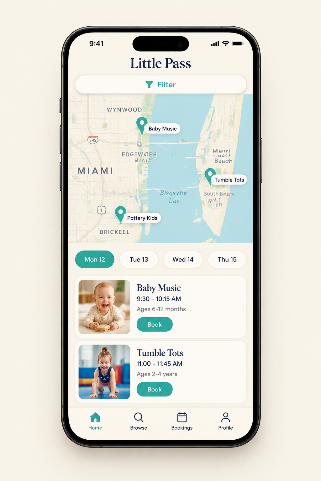 Little Pass app showing kids' classes on a map of Miami with bookable dates and times